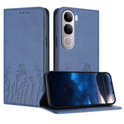Magnetic vegan leather phone case, slate blue tulip and butterfly pattern with flip cover