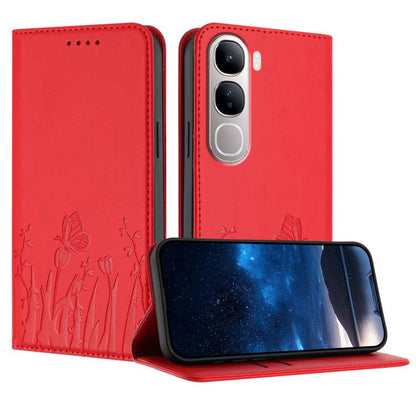 Magnetic vegan leather phone case, red tulip and butterfly pattern with flip cover