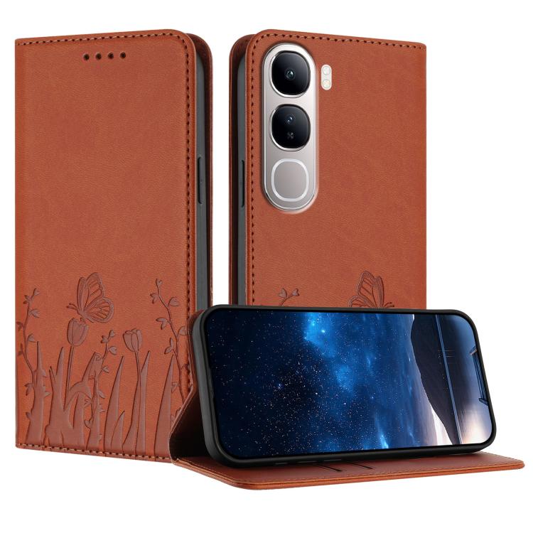 Coffee brown magnetic vegan leather phone case with tulip and butterfly pattern, flip cover.