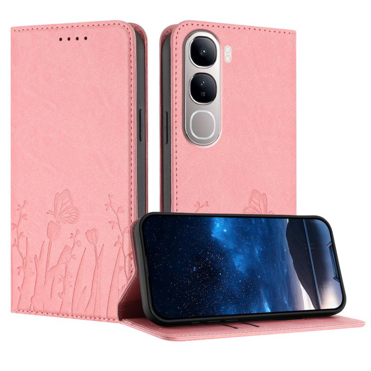 Pink magnetic vegan leather phone case with tulip and butterfly pattern, flip cover.