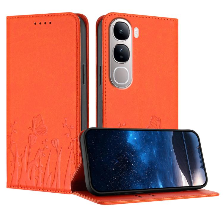 Orange magnetic vegan leather phone case with tulip and butterfly pattern, flip cover.