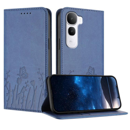 Magnetic phone folio case in deep blue with tulip and butterfly pattern; folding stand flap.