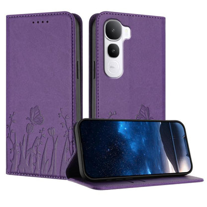 Magnetic vegan leather phone case, purple flip cover with tulip and butterfly pattern
