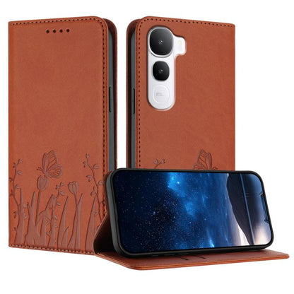 Magnetic vegan leather phone case, tan flip cover with tulip and butterfly pattern