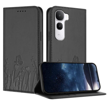 Magnetic vegan leather phone case, dark gray flip cover with tulip and butterfly pattern