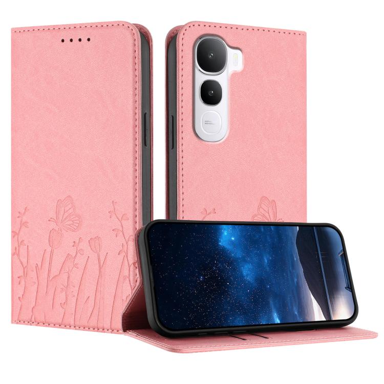 Magnetic vegan leather phone case, pink flip cover with tulip and butterfly pattern