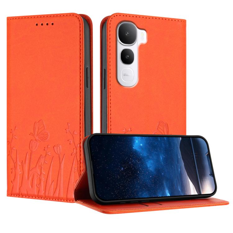 Magnetic vegan leather phone case, orange flip cover with tulip and butterfly pattern