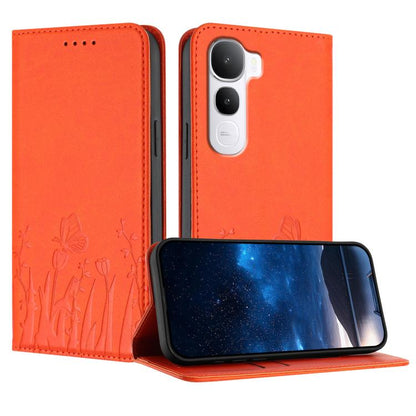 Magnetic vegan leather phone case, orange flip cover with tulip and butterfly pattern