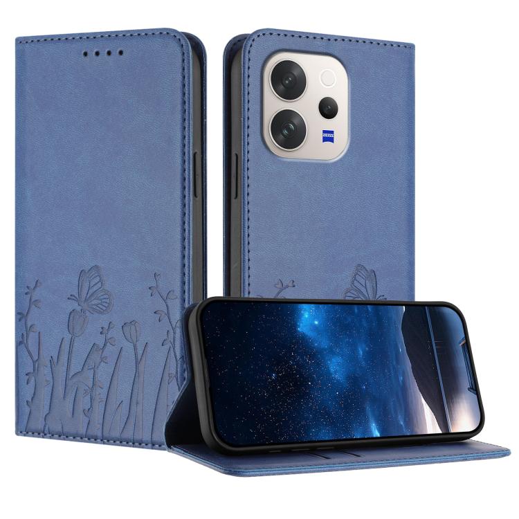 Magnetic vegan leather phone case, slate blue with tulips and butterfly outline pattern