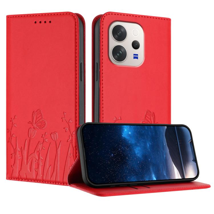 Magnetic vegan leather phone case, red with tulips and butterfly outline pattern