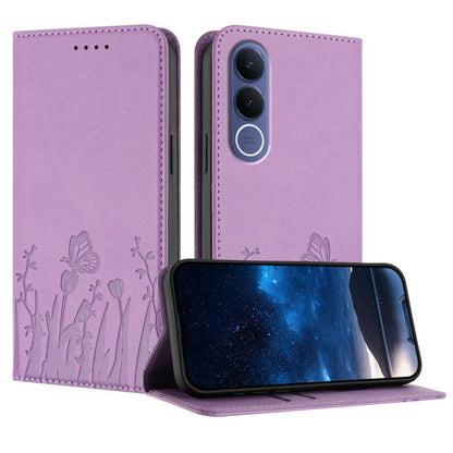 Magnetic vegan leather phone case, light purple with tulip and butterfly pattern, flip cover.