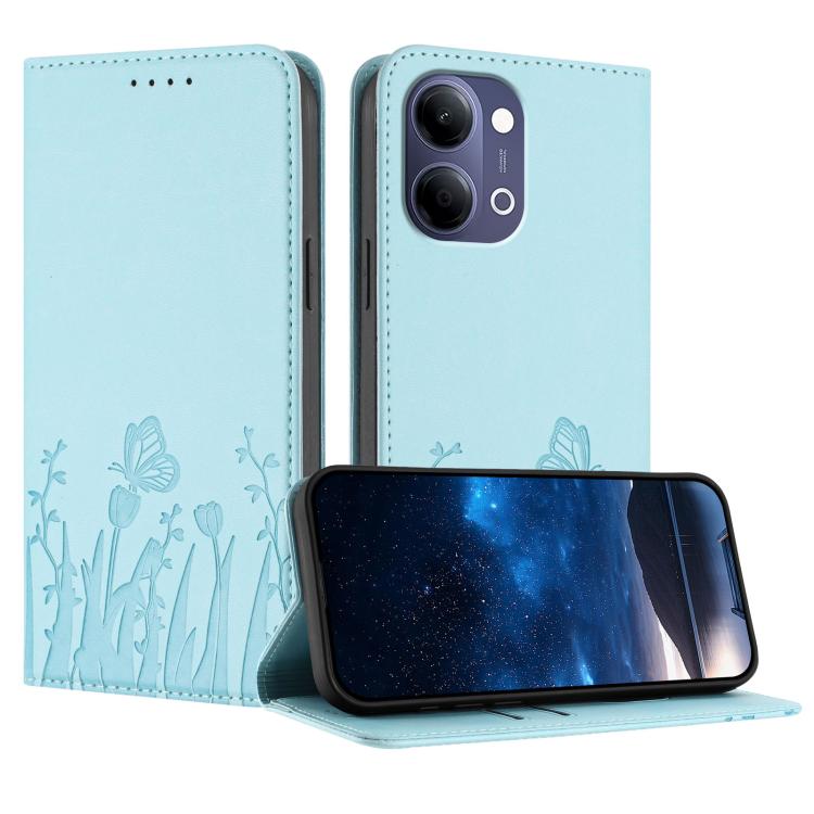 Light blue magnetic vegan leather phone case with tulip and butterfly pattern