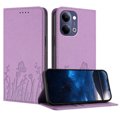 Magnetic vegan leather phone case in lavender purple with tulip and butterfly pattern, flip cover