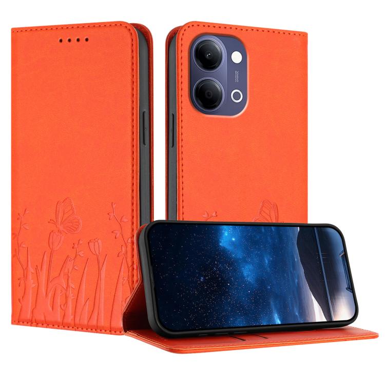 Magnetic vegan leather phone case in bright orange with tulip and butterfly pattern, flip cover