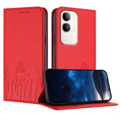 Red butterfly tulip magnetic vegan leather phone case with folio stand