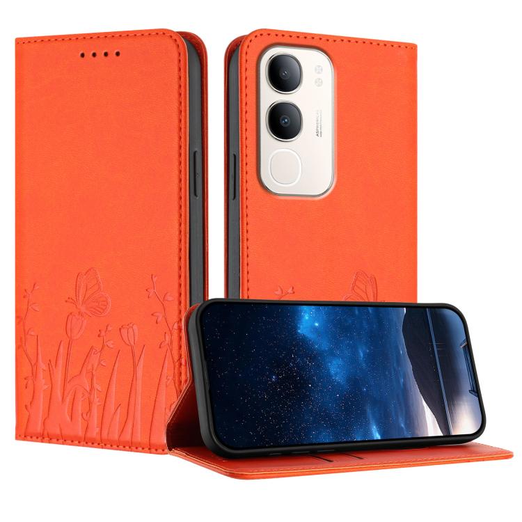 Orange magnetic vegan leather phone case with tulip and butterfly pattern