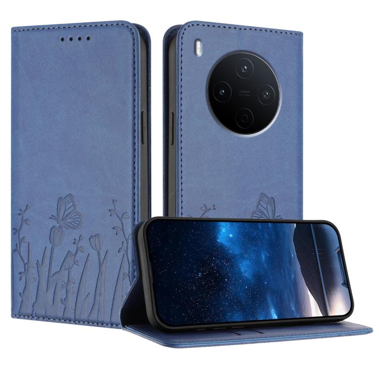 Magnetic vegan leather phone case, royal blue with tulip and butterfly pattern, flip cover