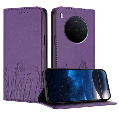 Purple magnetic phone folio case with butterfly and tulip pattern, card slots, camera cutout