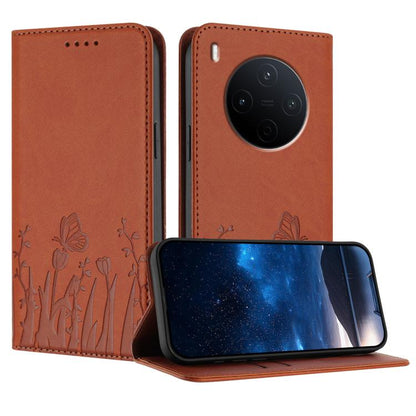 Orange magnetic phone folio case with butterfly and tulip pattern, card slots, camera cutout