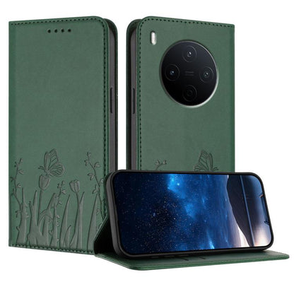 Green magnetic phone folio case with butterfly and tulip pattern, card slots, camera cutout
