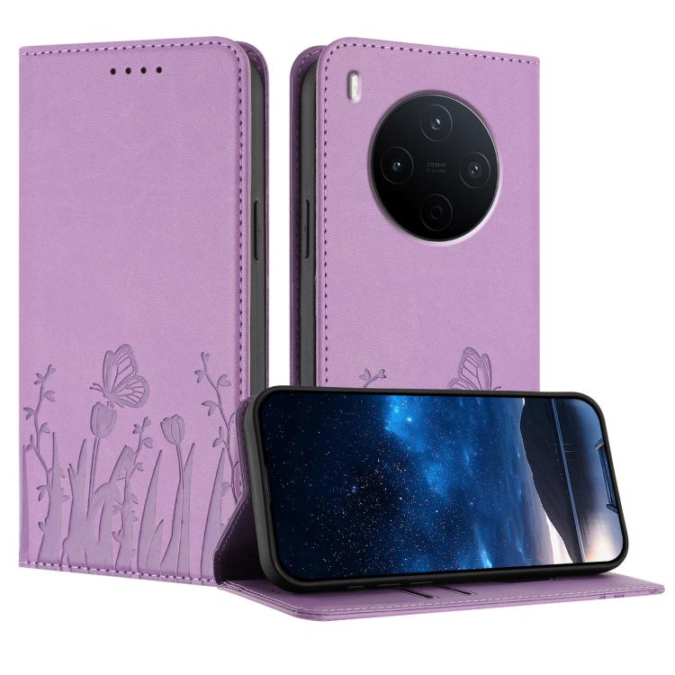 Light purple magnetic phone folio case with butterfly and tulip pattern, card slots, camera cutout