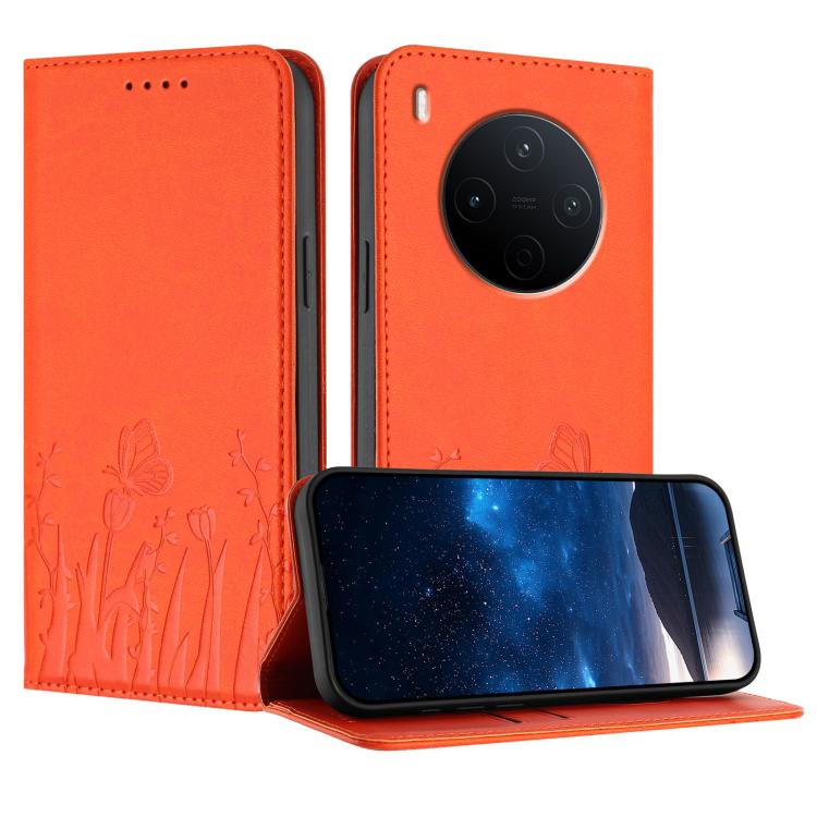 Orange magnetic phone folio case with butterfly and tulip pattern, card slots, camera cutout