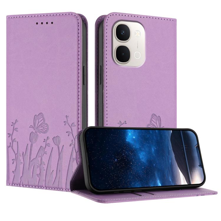 Magnetic vegan leather phone case, lavender purple with tulips and butterfly outline pattern