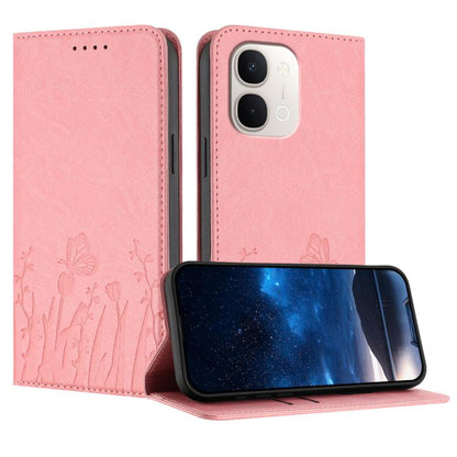 Magnetic vegan leather phone case, blush pink with tulips and butterfly outline pattern