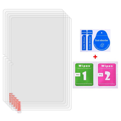 Tempered glass screen protector set with frame cutouts, plus cleaning wipes