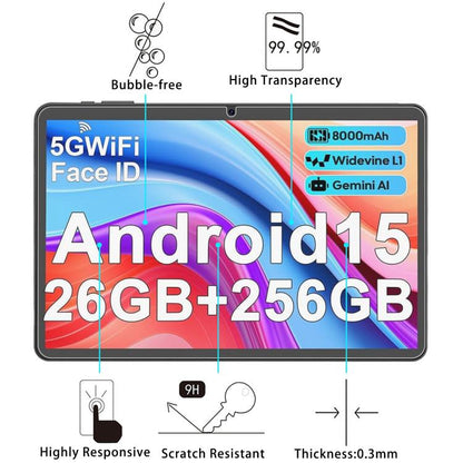 Tempered glass screen protector film with 9H scratch resistance and bubble-free transparency icons