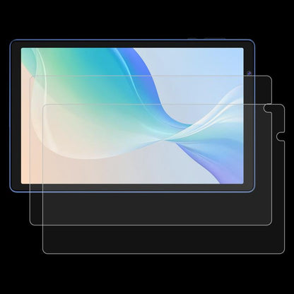 Clear tempered glass screen protector film with cutouts for tablet display.