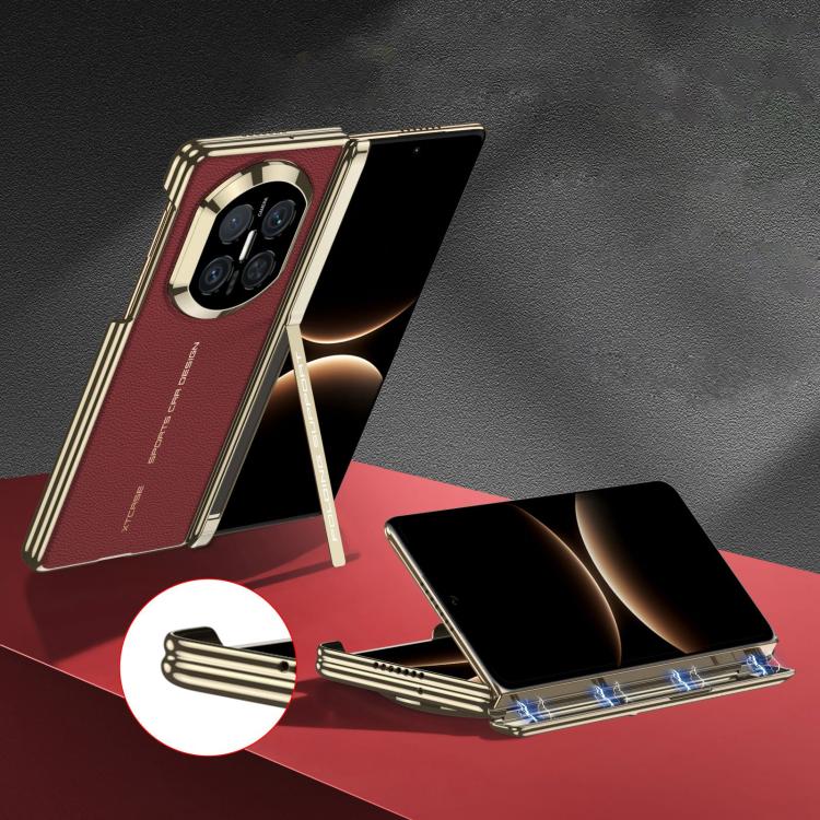 Red and gold phone case for foldable phone with built-in side stand and camera cutout
