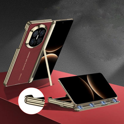 Red and gold phone case for foldable phone with built-in side stand and camera cutout