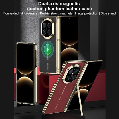 Purple and red foldable phone cases with gold trim, camera openings, and side stand