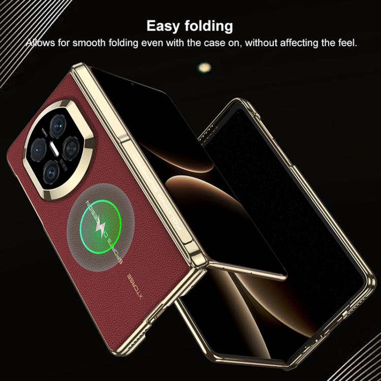 Red magnetic side cover phone case with gold trim and folding stand
