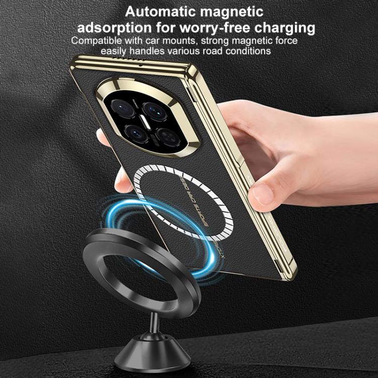 Red and gold phone case with camera cutout, magnet hold, and rotating charging stand