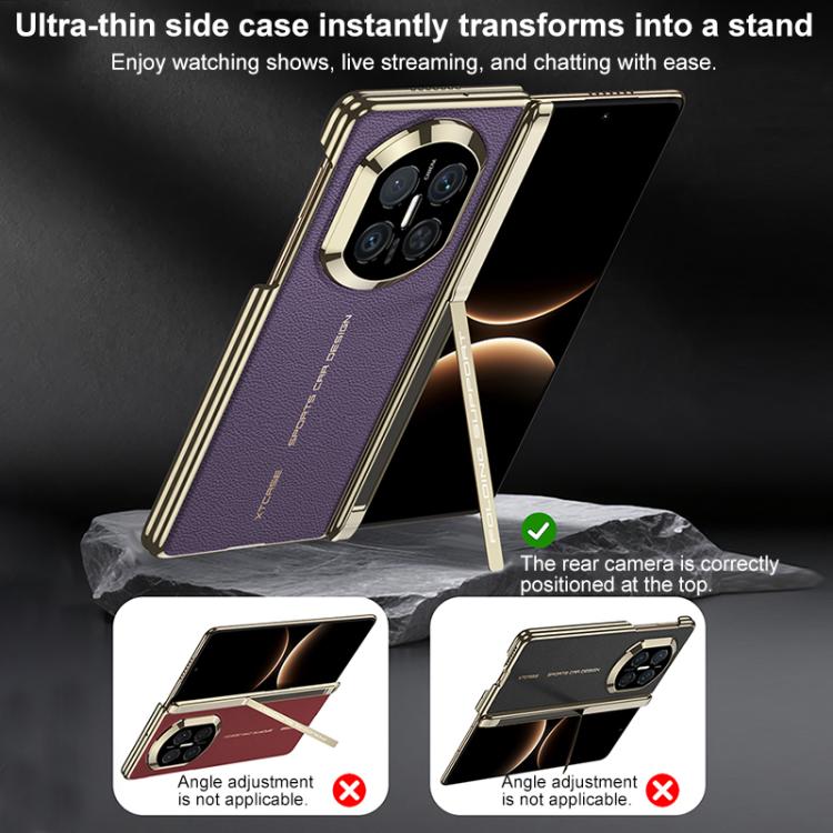 Purple and gold foldable phone case with side stand and rear camera cutout