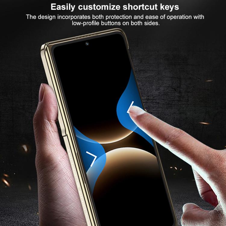 Gold-edged foldable phone case with button cutouts and secure grip design