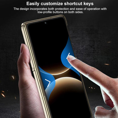 Gold-edged foldable phone case with button cutouts and secure grip design