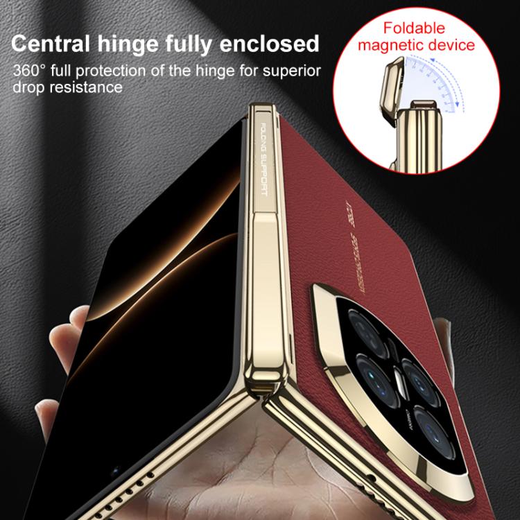 Red foldable phone case showing central hinge protection and gold frame trim