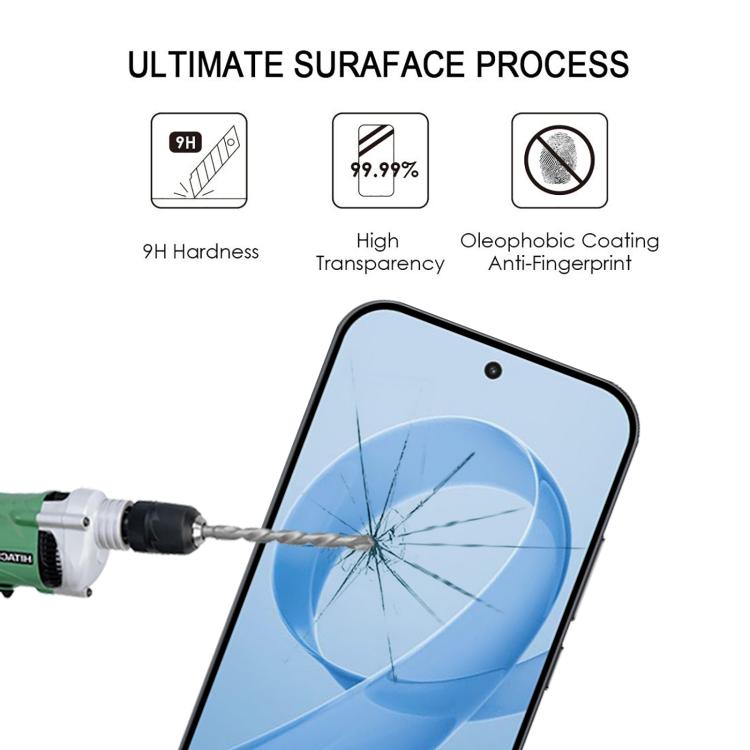 Tempered glass screen protector with 9H hardness and anti-fingerprint coating icons