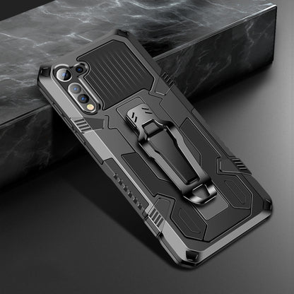 Shockproof protective phone case with rugged armor design, built-in kickstand, for rear cameras