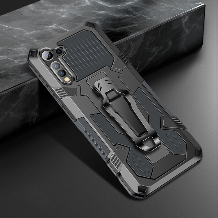 Rugged shockproof phone case in dark gray with armor texture, kickstand grip, camera openings