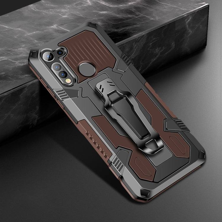 Rugged phone protective case with kickstand, camera cutouts, and brown armored design