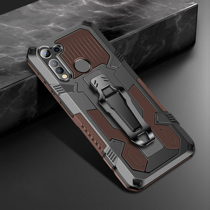 Rugged phone protective case with kickstand, camera cutouts, and brown armored design