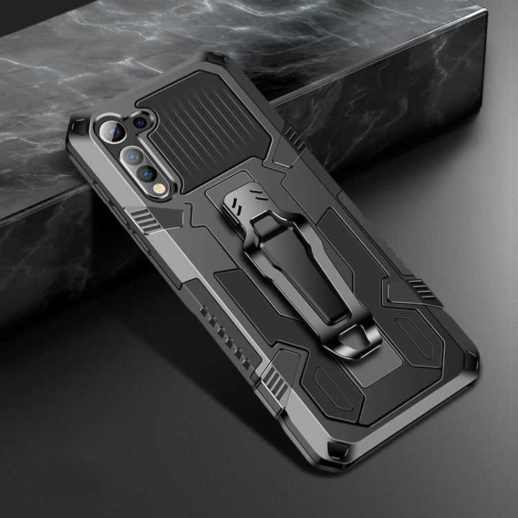 Rugged phone protective case with kickstand, camera cutouts, and gray armored design