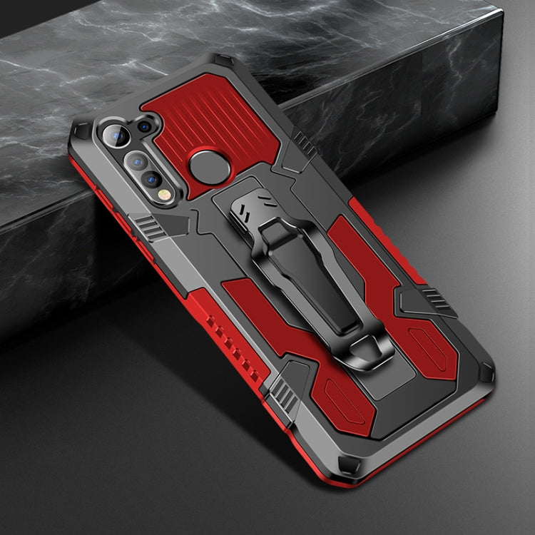 Rugged phone protective case with kickstand, camera cutouts, and red armored design