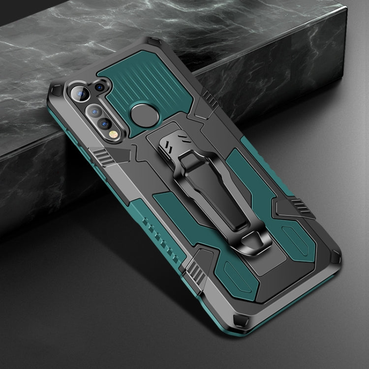 Rugged phone protective case with kickstand, camera cutouts, and army green armored design