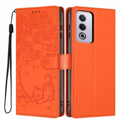 Orange flip phone case with embossed cat design, vegan leather, wrist strap