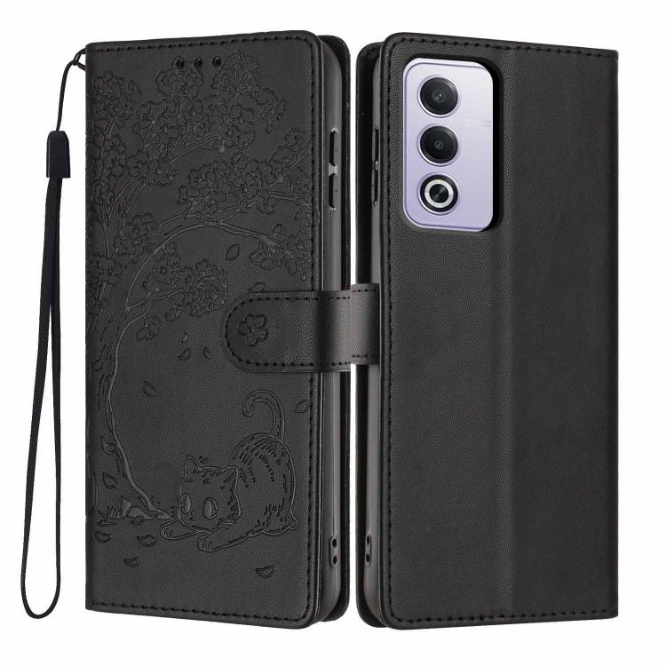 Black flip phone case with embossed cat design, vegan leather, wrist strap